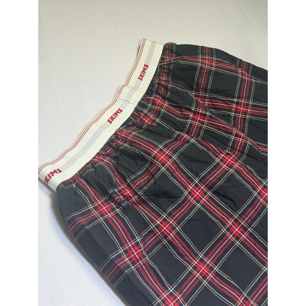 SKIMS Cotton Plaid Boxer Shorts Black Red Tartan Poplin Logo Waistband Size M - Picture 4 of 4